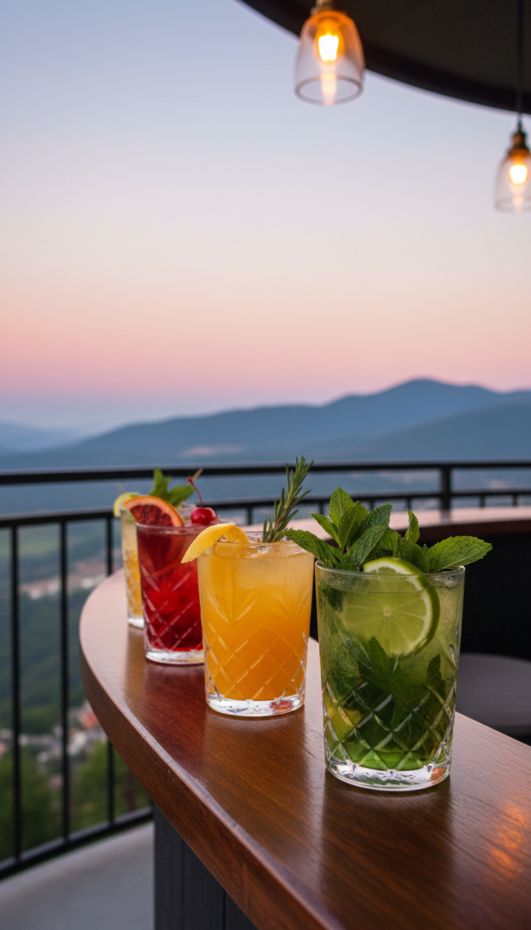 An arrangement of vibrant, artisanal cocktails in clear cut-crystal glasses, each filled with colorful liquids—deep ruby reds, citrusy oranges, and cool minty greens—garnished with fresh fruit slices and sprigs of herbs. These cocktails rest on a polished wooden balcony ledge overlooking distant mountain silhouettes aglow with a pastel-hued sunset. Warm pendant lights from the bar add a soft golden glow, mixing with the natural twilight and causing glass facets to sparkle with delicate reflections. The mood is lively but relaxed, perfect for unwinding with scenic vistas. Shot from a low-angle perspective, with the glasses forming a gentle curve in the foreground and sharp focus on their vibrant contents, while the background softly blurs. This vibrant, realistic style is designed to enhance the inviting, social atmosphere of the restaurant’s bar offerings.