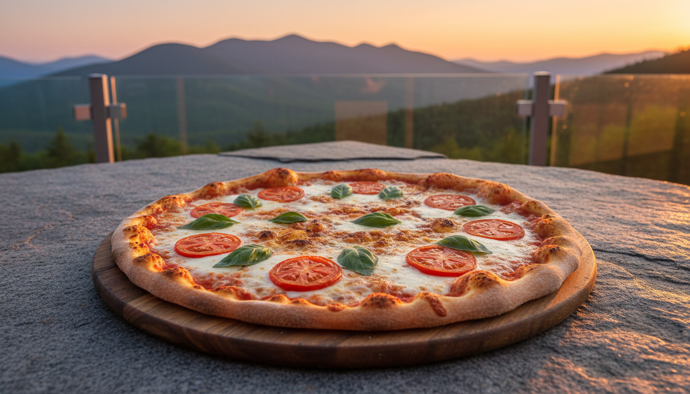 A rustic wooden pizza board showcasing a golden, thin-crust Margherita pizza with bubbling mozzarella, vibrant basil leaves, and sun-ripened tomato slices glistening in the warm setting sun. The board is positioned on a textured stone tabletop, with the expansive Adirondack mountains and a soft orange-pink twilight sky visible beyond a sleek glass balcony railing. Golden hour sunlight filters across the scene, emphasizing the pizza's melted cheese and crisp edges while casting long, gentle shadows. The mood is relaxed and inviting, capturing the essence of an unforgettable casual dinner with scenic beauty. Photographed from a slightly elevated angle, using rule of thirds framing and shallow depth of field to accentuate the pizza and blur the dramatic sunset view, achieving a clean, vibrant, and realistic style for an appetizing, aspirational restaurant hero image.