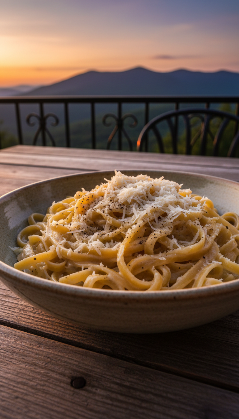 A classic, oversized Italian pasta bowl brimming with creamy fettuccine Alfredo, rich with glossy sauce clinging to each strand and garnished with freshly cracked black pepper and fine-grated parmesan. The bowl, subtly textured in glazed ceramic with a muted earth-tone finish, sits atop a reclaimed wood balcony table. In the background, the Adirondack mountain range is softly silhouetted by the glowing hues of a fading sunset, with the balcony’s textured metal railing just in view. Ambient golden hour light streams in from the left, highlighting the glistening sauce and casting delicate shadows across the table. Captured at an eye-level angle with foreground focus and a gradually blurred, scenic backdrop, the mood is comforting and warm. The composition is balanced and inviting, rendered in a clean, realistic, yet slightly rustic style to evoke indulgence and relaxation.